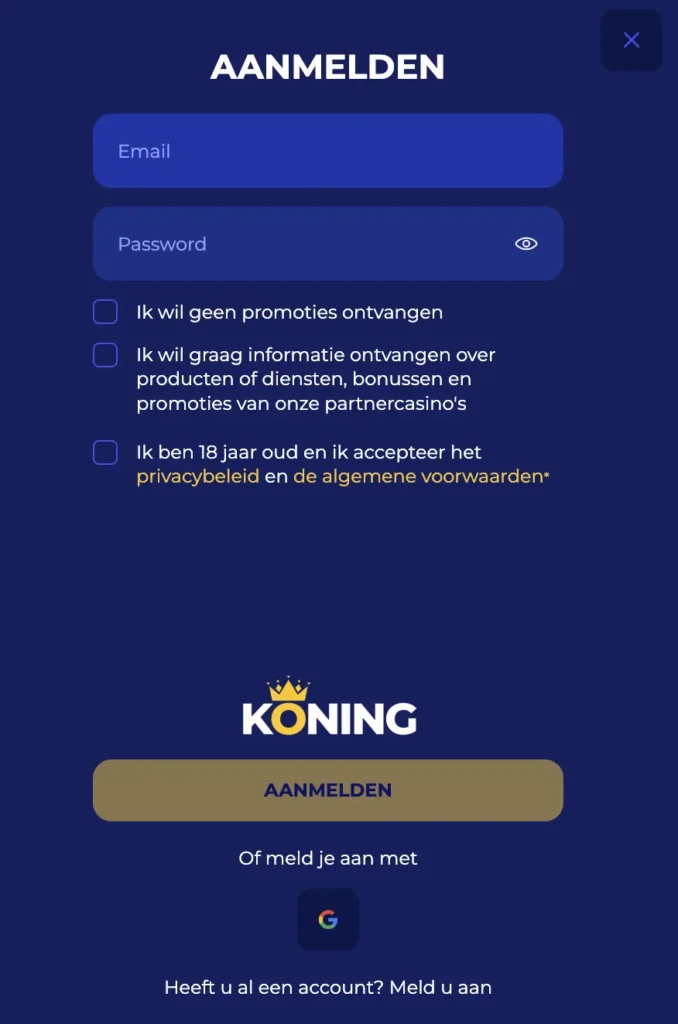 koning account aanmaken